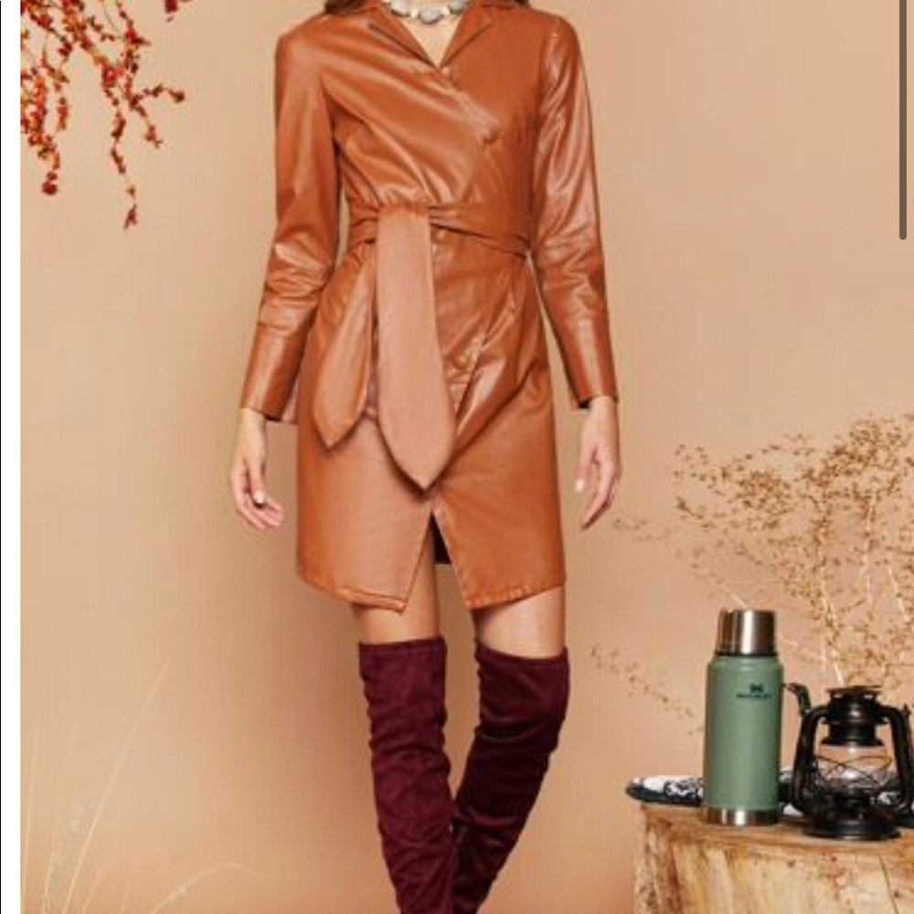 Asymmetric Placket Belted Faux Leather Wrap Dress
